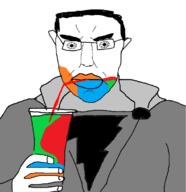 cape clothes colorful cup drinking_straw ear hand holding_object shazam soyjak subvariant:pol_face variant:chudjak // 675x695 // 68.4KB