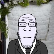 closed_eyes closed_mouth clothes dead funeral glasses irl_background its_over necktie soyjak stubble suit text variant:markiplier_soyjak // 1000x1000 // 691.8KB