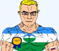 arm award blue_eyes buff christianity closed_mouth clothes eastern_orthodox eyes_like_the_o-o-cean flag flag:kabardino-balkaria flag:russia glasses hair kabardino-balkaria mountain orthodox_cross russia soyjak subvariant:chudjak_front subvariant:muscular_chud text transparent transparent_background tshirt variant:chudjak vein yellow_hair // 1059x929 // 64.1KB