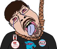 award badge bloodshot_eyes brown_hair brown_mustache clothes crying glasses hanging medal mr_beast mustache open_mouth rope soyjak stubble transgender_flag variant:bernd white_skin youtube youtuber // 1178x1015 // 68.5KB