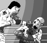pol_(soyjak.party) black_and_white boxing boxing_glove boxing_ring glasses lights open_mouth shadow shorts soyjak_party spade spadeson stubble subvariant:slutson swastika text variant:chudjak variant:cobson // 650x594 // 140.9KB