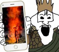 beard clothes crown dark_souls hand holding_object holding_phone iphone open_mouth phone soyjak subvariant:phoneplier subvariant:phoneplier_vertical variant:markiplier_soyjak video_game // 1000x872 // 905.0KB
