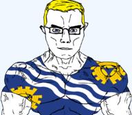 arm blue_eyes british buff closed_mouth clothes ear england flag flag:merseyside glasses hair merseyside soyjak subvariant:chudjak_front subvariant:muscular_chud trend:aryan tshirt united_kingdom variant:chudjak vein yellow_hair // 1059x929 // 167.0KB
