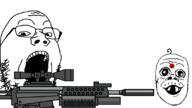 2soyjaks baby blood blood_on_face bullet_hole death deformed fal firearm glasses gore gunshot_wound infanticide injury murder mustache open_mouth shot soyjak stubble subvariant:jacobson variant:a24_slowburn_soyjak variant:gapejak weapon // 1095x617 // 129.0KB