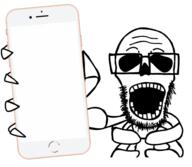 arm glasses hand holding_object holding_phone iphone open_mouth phone redraw skeleton soyjak stubble subvariant:phoneplier subvariant:phoneplier_vertical variant:markiplier_soyjak // 593x517 // 26.3KB