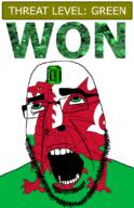 ahegao animal country dragon emerald flag flag:wales gem glasses green green_eyes hair looking_up open_mouth schlog_color_event soyjak soyjak_blog stubble teeth text threat_level_green variant:cobson wales won // 721x1115 // 276.4KB