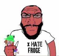 bloodshot_eyes crying frog froge frogespammer holding_object i_hate punisher_face soyjak squeeze subvariant:science_lover tongue tranny variant:bernd variant:markiplier_soyjak white_shirt // 1592x1500 // 783.1KB