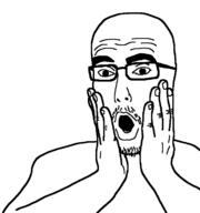 arm glasses hand open_mouth soyjak stubble thick_eyebrows variant:chinajak // 674x720 // 12.4KB