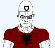 albania blue_eyes buff closed_mouth clothes country flag flag:albania flag:kosovo glasses hair hat kosovo reichsadler subvariant:chudjak_front subvariant:muscular_chud tshirt variant:chudjak vein yellow_hair // 1140x1000 // 245.9KB