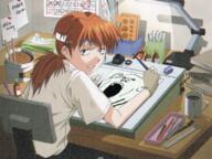 anime artist blue_eyes book calendar chair coffee desk desk_lamp drawing ear eraser female fingerless_glove girl glove headband holding_object inkwell japanese_text lamp mug neon_genesis_evangelion no_eyebrows open_mouth pen pencil ponytail ruler sitting souryuu_asuka_langley soyjak stubble text tissue tissue_box variant:impish_soyak_ears white_shirt white_skin // 625x469 // 911.9KB