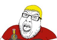 badge clothes glasses nate open_mouth soyjak soyjak_party stubble text variant:hilbert_soyjak yellow_hair // 812x567 // 37.4KB