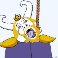 animal asgore_dreemurr beard bloodshot_eyes crown crying dead ear fangs furry goat hanging horn meta:read_bottom_right rope soyjak suicide text tongue undertale variant:bernd video_game yellow_teeth // 1340x1340 // 197.9KB