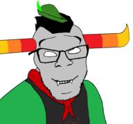 closed_mouth clothes fangs glasses grey_skin hair hat homestuck horn smile soyjak stubble tavros_nitram troll_(homestuck) variant:feraljak // 1598x1500 // 102.5KB