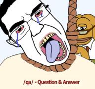 4chan amphibian bloodshot_eyes clothes crying dog ear frog glasses hair hanging janny nas:pepe open_mouth pepe_the_frog qa_(4chan) rope soyjak subvariant:patrick suicide suspenders tag tongue variant:chudjak yellow_teeth // 768x719 // 305.3KB