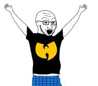 arm clothes glasses hand hands_up open_mouth soyjak stubble tshirt variant:soyak wu_tang_clan // 1364x1204 // 53.5KB