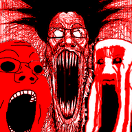 3soyjaks glasses hair hand open_mouth pointing pointing_at_viewer red schizo soyjak stubble subvariant:schizojak trend:soyjak_trio variant:gapejak variant:markiplier_soyjak variant:soyak variant:tony_soprano_soyjak // 450x681 // 319.7KB