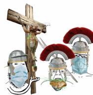 3soyjaks bug coronavirus_pandemic cross crucifixion eat_the_bugs glasses helmet mask mouth_mask roman roman_legionary_helmet stubble surgical_mask variant:a24_slowburn_soyjak variant:bernd variant:gapejak // 3464x3544 // 2.1MB