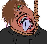 amerimutt arab black_sclera black_shirt brown_hair brown_skin emo_hair glasses goatee goth green_eyes grey_teeth hanging hoodie joel_(user) joelwarlock mustache open_mouth rope soyjak tranny variant:bernd // 761x719 // 48.5KB