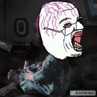 ack animated bedroom bloodshot_eyes crying glasses horror kapwing lipstick mustache open_mouth original_content possessed purple_hair regan_macneil soyjak spinning stubble the_exorcist tongue tranny variant:bernd yellow_teeth // 1280x1280 // 658.4KB