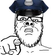 clothes glasses hand hat mustache pointing pointing_at_viewer police soyjak stubble thumbnail_(file) variant:a24_slowburn_soyjak // 215x231 // 24.4KB