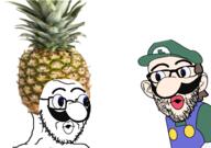 2soyjaks big_nose brown_hair cap clothes ear food fruit full_body glasses hair hat luigi merge mustache nintendo open_mouth pineapple pogchamp stubble thick_eyebrows variant:nojak variant:soyak video_game weegee // 1425x1000 // 769.4KB