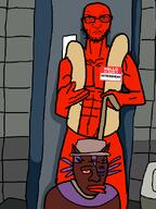 beaten black_eye black_skin hotdog hotdoghead(user) jimbo_(namefag) leash meta:namefags muscular_male namefags punisher_face red_skin two_soyjaks variant:unknown // 479x639 // 45.2KB