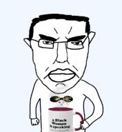 arm artist:sectionalism black_girl_magic clothes glasses hair hand holding_object mug nigger steam subvariant:chudjak_front text torso variant:chudjak // 1062x1150 // 115.7KB