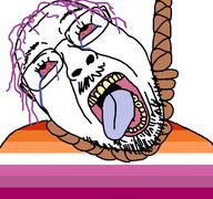 bloodshot_eyes crying dead dyke flag flag:lesbian_pride_flag glasses hair hanging lesbian mustache open_mouth purple_hair rope soyjak stubble suicide template tongue variant:bernd yellow_teeth // 768x719 // 48.3KB