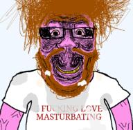 bloodshot_eyes coomer gooner grin masturbation orange_hair pink_skin series:coomers_&_gooners shirts smile subvariant:science_lover text variant:markiplier_soyjak // 800x789 // 84.7KB