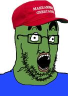 blue_shirt chud double_chin frog glasses green_skin lips maga_hat open_mouth pepe_the_frog soyjak stubble thick_eyebrows variant:chudjak2 white_background // 725x1025 // 211.5KB