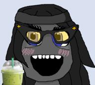 beanie blue_eyes blush drink glasses matcha open_mouth soot_colors variant:soytan // 585x522 // 51.2KB
