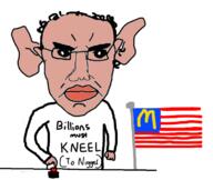 amerimutt angry arm black_lives_matter brown_skin button closed_mouth ear flag glasses hair hand large_ear mcdonalds millions_must_die mutt soyjak subvariant:chudjak_front text united_states variant:chudjak // 786x664 // 122.1KB