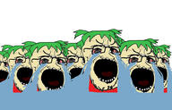 4chan anime bloodshot_eyes clothes crying distorted glasses green_hair hair multiple_soyjaks open_mouth soyjak stretched_mouth stubble tongue variant:soyak white_skin yotsoyba // 2350x1500 // 529.6KB