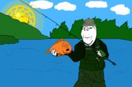 animal clothes fish fishing glasses hat open_mouth orange_skin series:animaljaks sonnenrad stubble subvariant:wholesome_soyjak sun tree variant:fishboy variant:gapejak water // 1600x1060 // 270.4KB