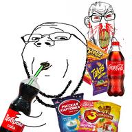 angry arm blood bloodshot_eyes cheetos coca_cola cracked_teeth cyrillic_text dobryi_cola drinking goyslop holding_bottle holding_object nosebleed red_eyes russkaya_kartoshka subvariant:feralrage subvariant:wholesome_soyjak takis tri_corochki variant:feraljak variant:gapejak // 637x637 // 373.5KB