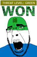 ahegao emerald flag:sierra_leone gem glasses green green_eyes hair looking_up open_mouth schlog_color_event sierra_leone soyjak soyjak_blog stubble teeth text threat_level_green variant:cobson won // 721x1115 // 137.9KB