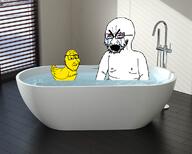 2soyjaks angry baby bath bathroom bloodshot_eyes closed_mouth crying duck glasses irl_background megamind open_mouth smile smug soyjak stubble subvariant:smugquack variant:cryboy_soyjak variant:smugjak // 1536x1228 // 505.5KB