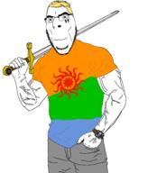 1488 aryan bajookieland blond blue_eyes closed_mouth clothes colorful colorful_hair flag flag:bajookieland glasses hair holding_object holding_sword muscles muscular_male nazism schutzstaffel smile soyjak standing stubble swastika sword tony_zaret tshirt variant:cobson vein weapon // 1834x1910 // 419.0KB