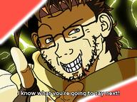 anime blood brown_hair clothes drawn_background ear glasses green_eyes grin hair hand headband jojos_bizarre_adventure joseph_joestar pointing pointing_up raised_eyebrow scarf smug soyjak stubble subtitles sweating text variant:soyak white_skin // 800x600 // 125.7KB