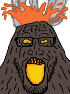 beard dark_teeth glasses glowing_mouth lava magma orange_pupils rock smoke smoking stubble variant:markiplier_soyjak volcano yellow_eyes // 600x800 // 55.3KB