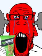 chips crying ear food fume glasses hand holding_object open_mouth popcorners red_face soyjak stubble variant:markiplier_soyjak // 600x800 // 169.3KB