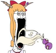 anime bowtie clothes female glasses hair horn ibuki_suika open_mouth orange_eyes orange_hair sleveless_shirt soyjak stretched_mouth stubble subvariant:soyak_soymilk tongue touhou variant:soyak video_game // 680x638 // 146.5KB