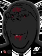 animated black black_cube black_skin blood central_intelligence_agency clothes demon earpiece facial_mark forehead_mark glasses glowing heart i_love mark_of_the_beast necktie satanism saturn smile soyjak stubble subvariant:wholesome_soyjak suit text trend:glowie variant:gapejak // 600x800 // 166.8KB