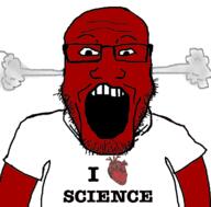 arm clothes fume glasses heart i_love merge open_mouth red_skin science soyjak stubble subvariant:science_lover text tshirt variant:markiplier_soyjak // 800x789 // 212.7KB