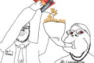 2soyjaks chips closed_mouth clothes doctor dr_soyberg food glasses hopper mustache necktie popcorners soyjak stubble subvariant:wholesome_soyjak text variant:a24_slowburn_soyjak variant:gapejak // 1800x1200 // 432.0KB