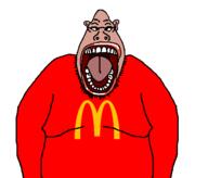 amerimutt arm belly black_sclera brainlet breasts brown_skin clothes ear fat lips mcdonalds mutt open_mouth red_shirt small_face soyjak stubble subvariant:pinheadjak tongue variant:bernd // 502x430 // 10.2KB
