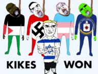 5soyjaks bloodshot_eyes central_intelligence_agency crying fed flag:israel flag:palestine glowing hanging jewish_nose judaism kike nazism rope subvariant:chudjak_front subvariant:tetojak subvariant:unbotheredchud tranny variant:bernd variant:chudjak variant:feraljak // 4096x3072 // 1.6MB
