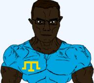 arm brown_eyes brown_hair brown_skin buff closed_mouth clothes crimean_tatar flag flag:crimean_tatar glasses hair soyjak subvariant:chudjak_front subvariant:muscular_chud tshirt variant:chudjak vein // 1059x929 // 36.7KB