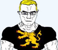 animal arm aryan blue_eyes british buff ceredigion closed_mouth clothes ear flag flag:ceredigon glasses hair lion soyjak subvariant:chudjak_front subvariant:muscular_chud tshirt united_kingdom variant:chudjak vein wales yellow_hair // 1059x929 // 108.7KB