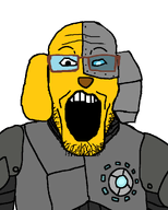 cyborg dog glasses janny machine open_mouth stubble variant:markiplier_soyjak yellow_skin // 800x1000 // 80.0KB